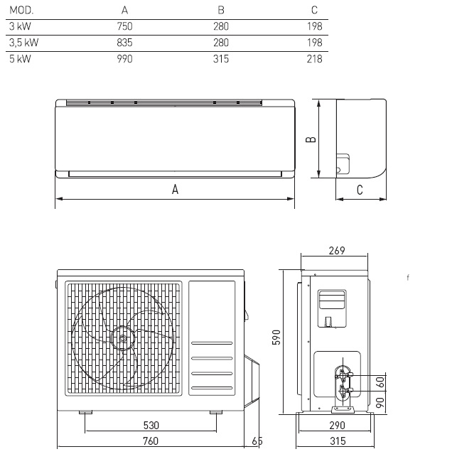 Aparat aer conditionat Ariston Aeres Inverter 50 MC8 - Dimensiuni